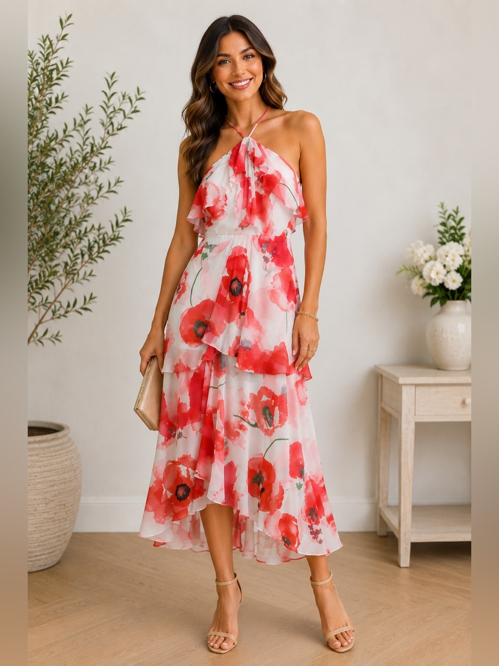 🌺 CeCe Floral Tiered Halter Midi Dress Size 2 Ruffle Occasion Dress 🌺